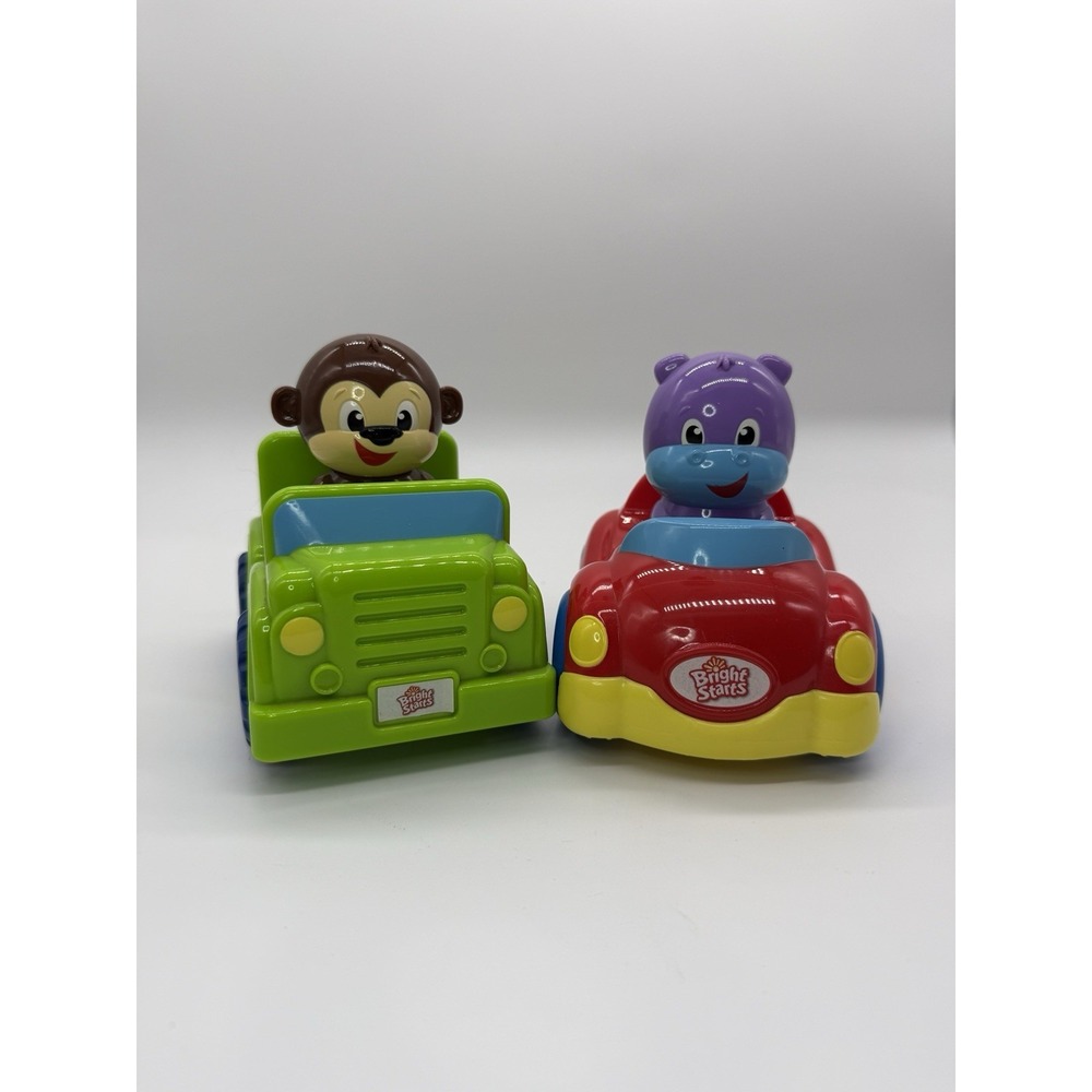 Bright Starts Push N Go Monkey & Hippo Friction Cars With Sounds Working Lot 2